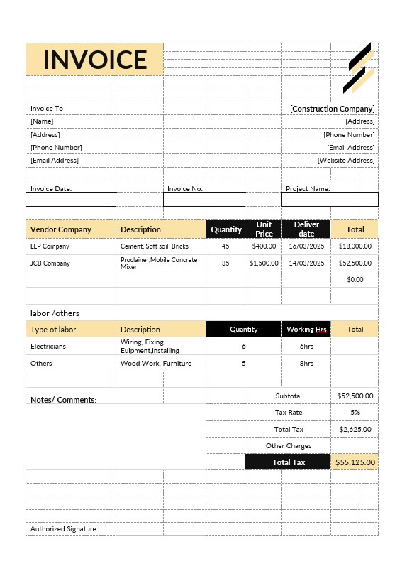 Construction Estimate Invoice Template PSD template